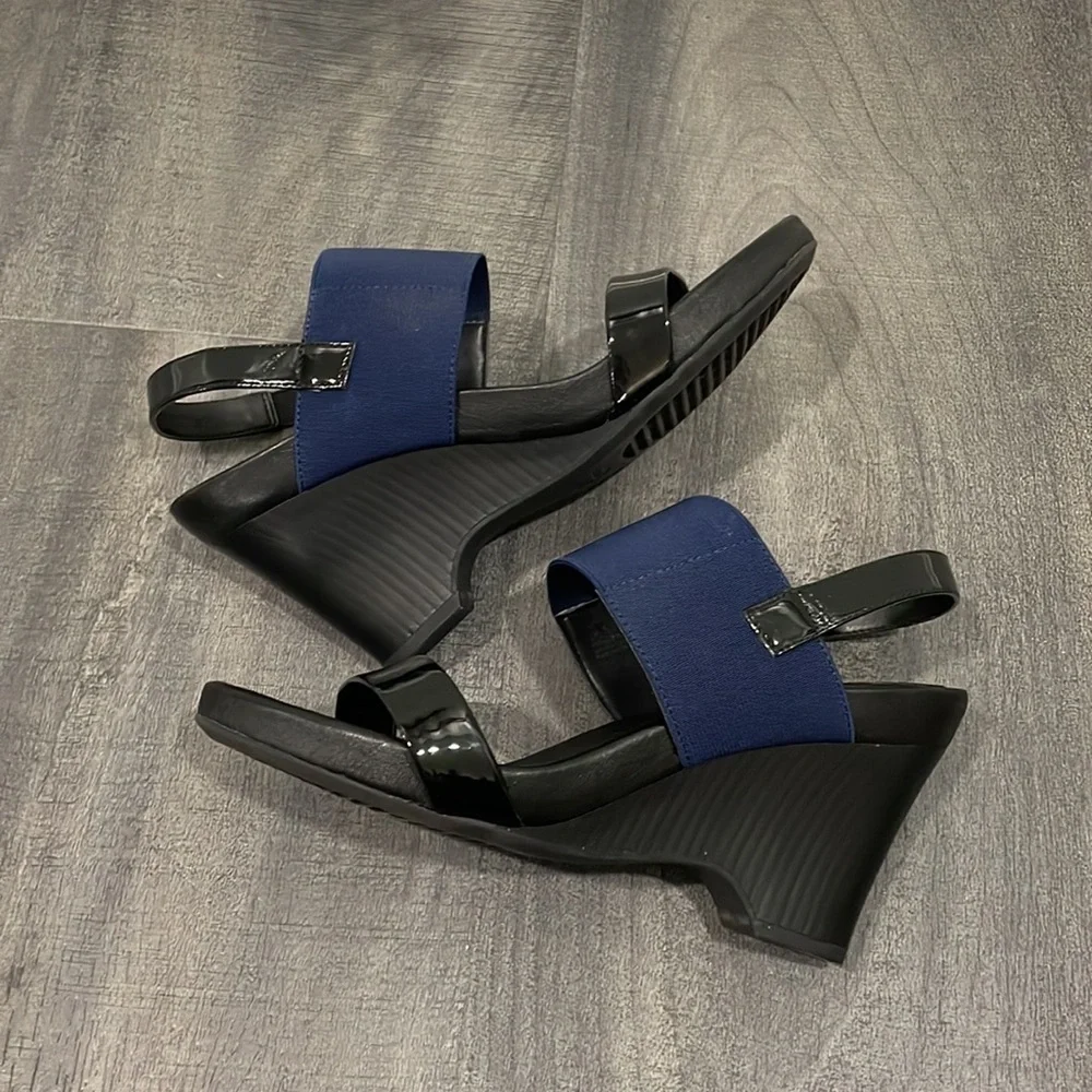 The Flexx blue & black give a lot wedge sandals size 9
